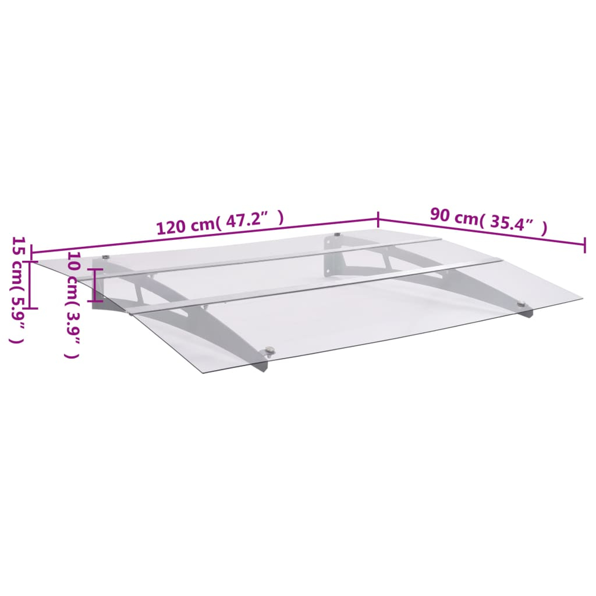 Ein klares Glasvordach mit Maßangaben. Es ist 120 cm breit und 90 cm tief. Die Höhe beträgt 15 cm. Das Vordach ist an Metallhalterungen befestigt.