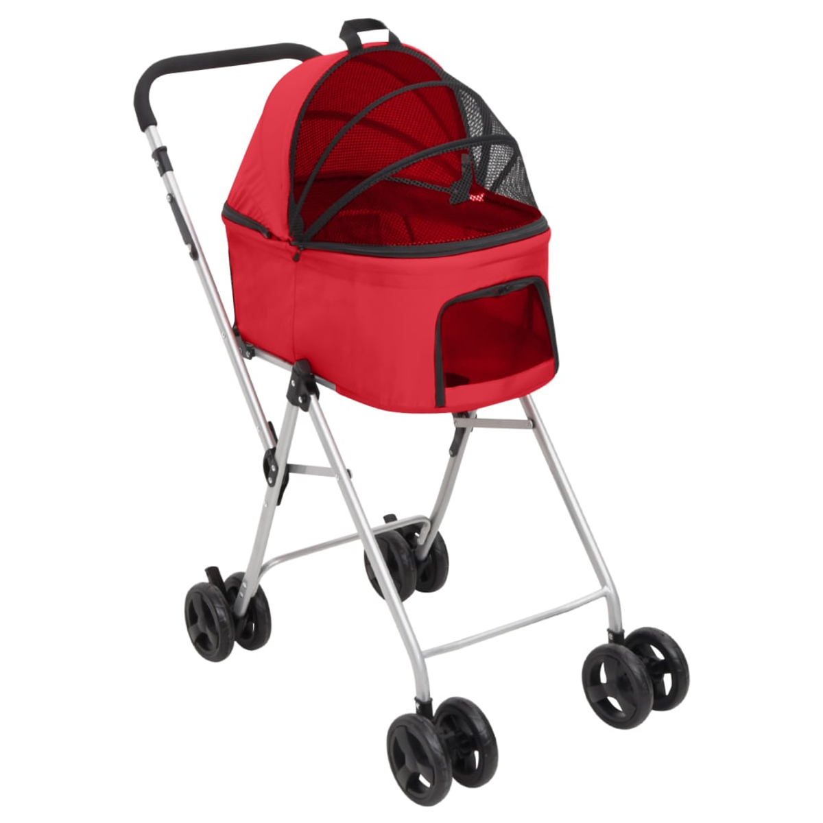 Ein roter Tierkinderwagen mit schwarzem Mesh-Oberteil und schwarzen Rädern. Der Kinderwagen hat einen silbernen Rahmen und einen schwarzen Griff.