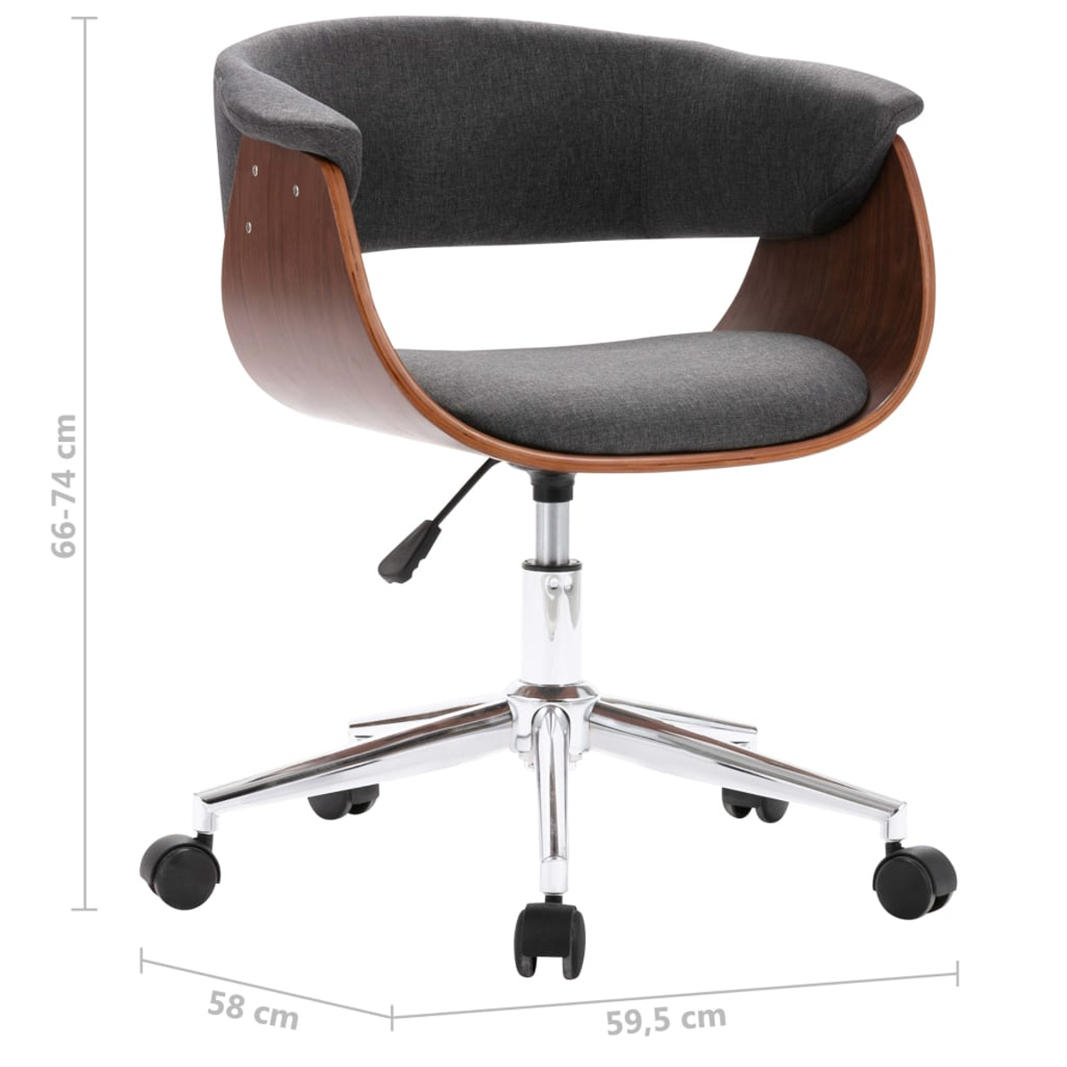 Ein moderner Bürostuhl mit grauem Sitz und Rückenlehne, Holzrahmen und Chromfuß mit Rollen. Abmessungen sind angegeben.