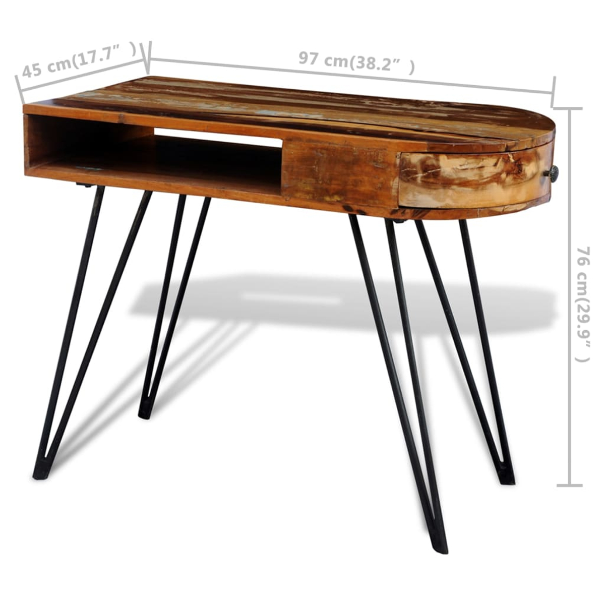 Holzschreibtisch mit schwarzen Metallbeinen. Er hat eine Schublade und einen offenen Bereich. Abmessungen sind angegeben.