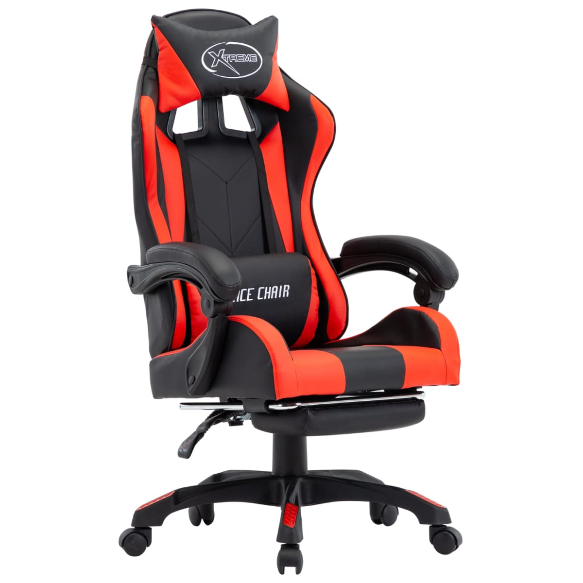 Ein schwarz-roter Gaming-Stuhl mit Kopfstütze mit der Aufschrift 'Xtreme'. Er hat Armlehnen und eine Fußstütze. Der Stuhl steht auf Rädern.