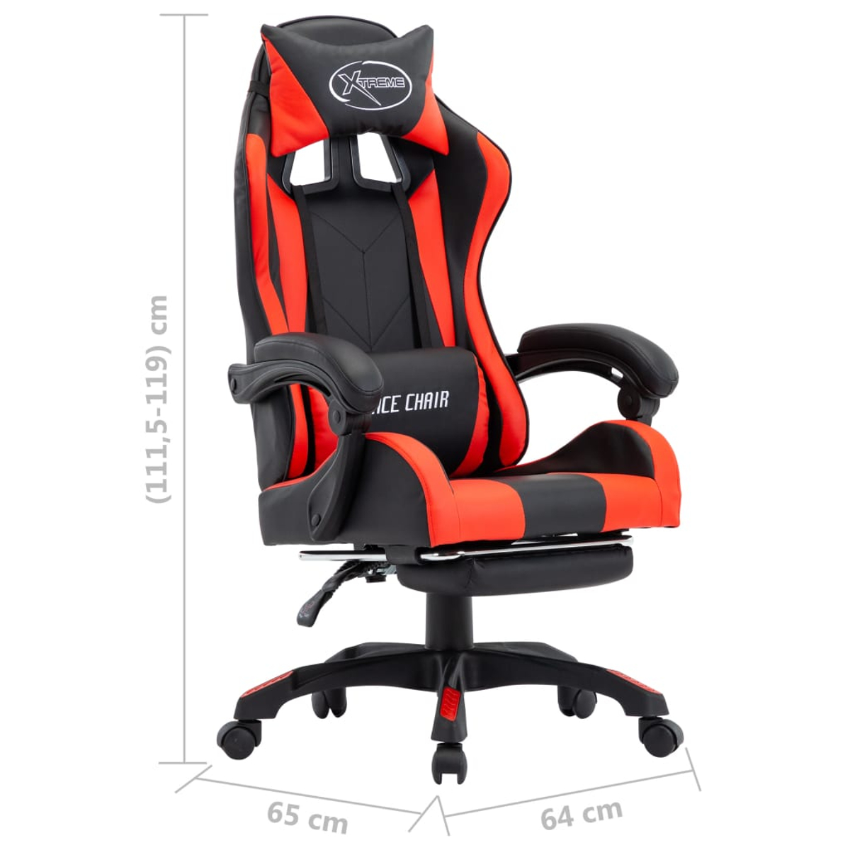 Gaming-Stuhl, schwarz und rot. Er hat eine Kopfstütze, Armlehnen und eine Fußstütze. Die Maße sind in cm angegeben.