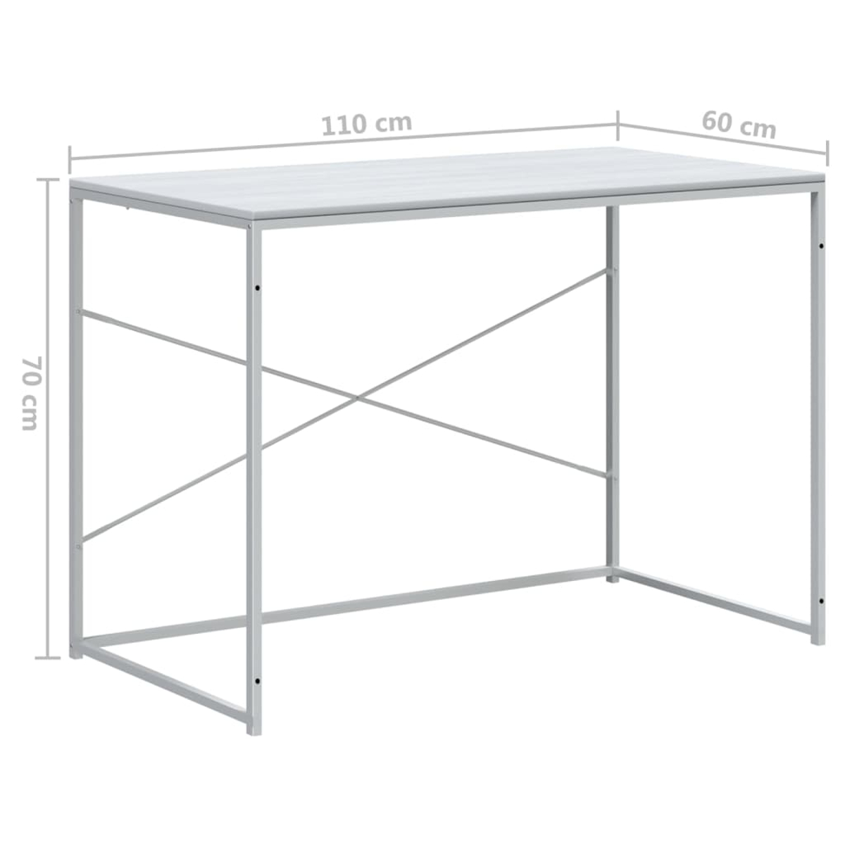 Ein weißer Schreibtisch mit Metallrahmen. Maße: 110 cm lang, 60 cm breit und 70 cm hoch. Kreuzstützen an den Seiten.
