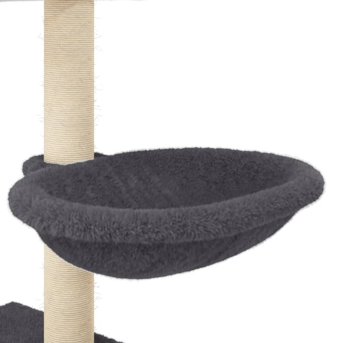 Ein Kratzbaum mit grauem, flauschigem Bett, das an einer beigefarbenen, seilumwickelten Stange befestigt ist. Der Hintergrund ist weiß.