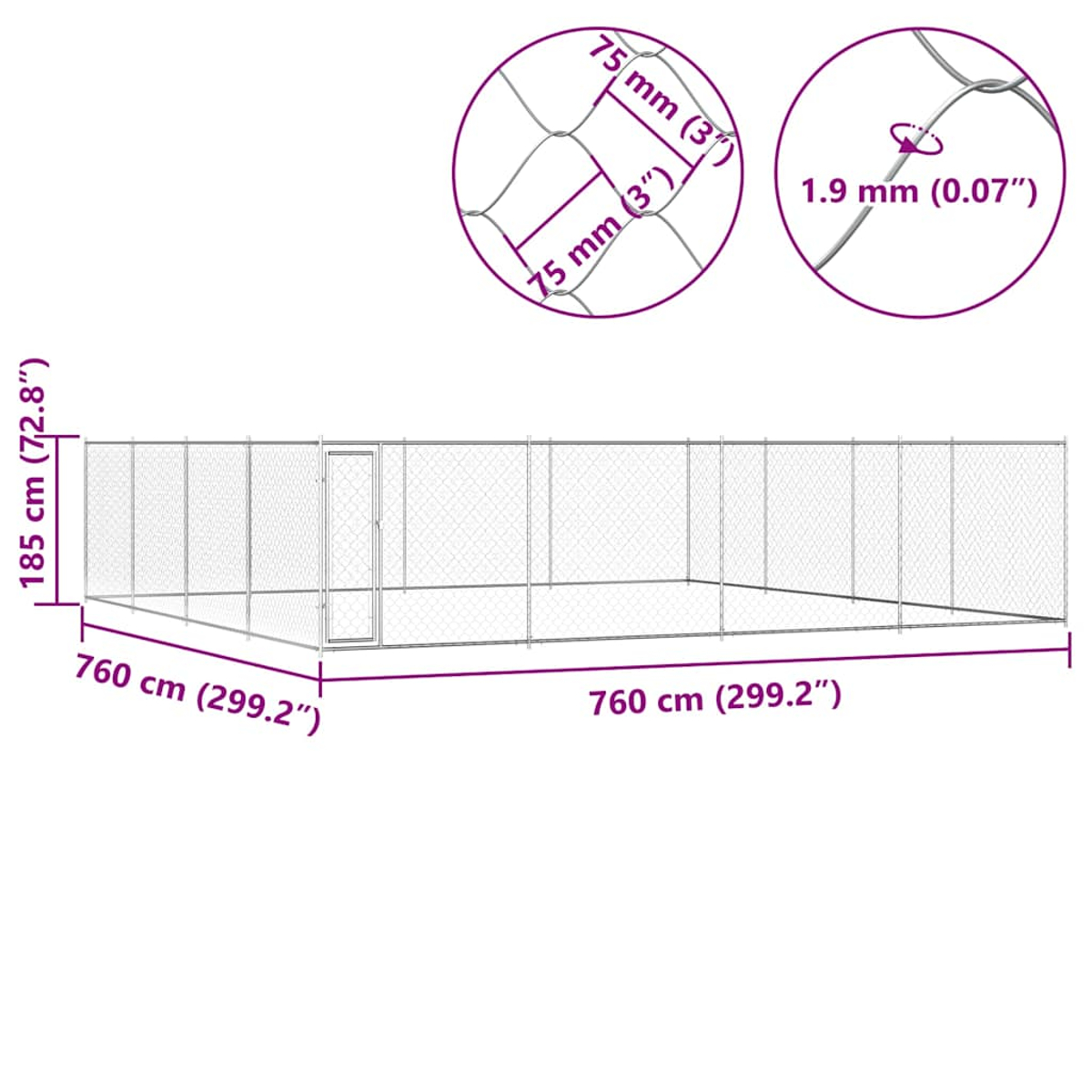 Diagramm einer Drahtgitter-Umzäunung mit Abmessungen. Enthält Nahaufnahmen, die Maschengröße und Drahtstärke zeigen, beschriftet in cm und Zoll.