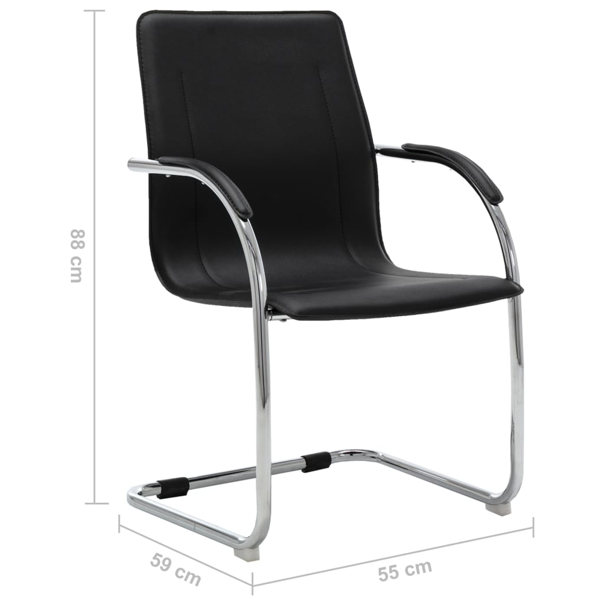 Schwarzer Leder-Bürostuhl mit Chromgestell. Die Abmessungen sind 88 cm Höhe, 59 cm Breite und 55 cm Tiefe.