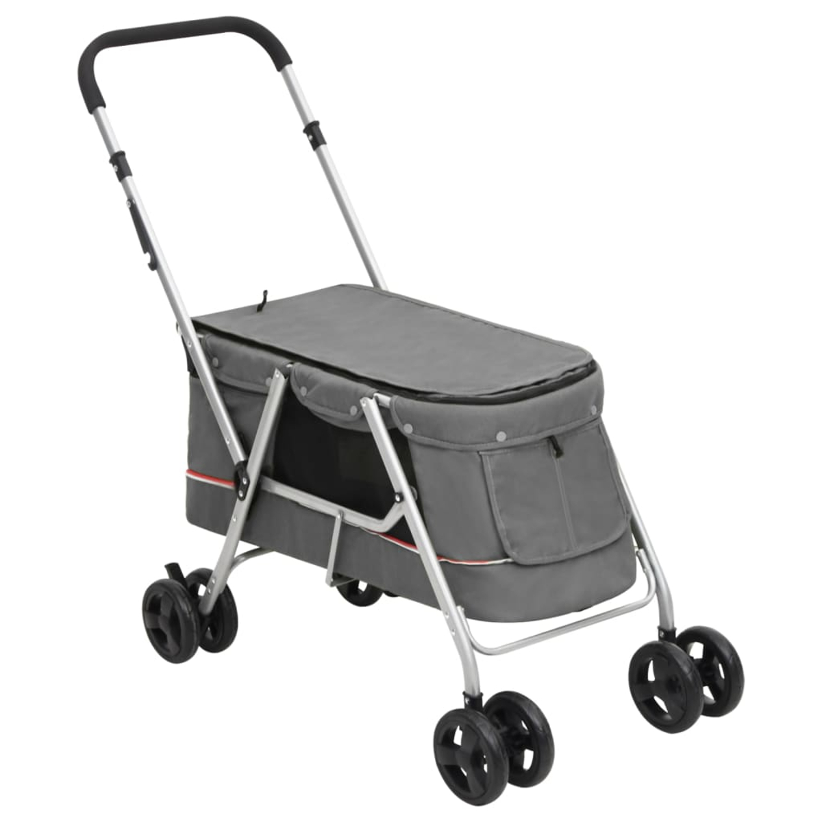 Ein grauer Tierwagen mit schwarzem Griff und Rädern. Der Wagen besteht aus Metall und Stoff. Er hat eine Aufbewahrungstasche.