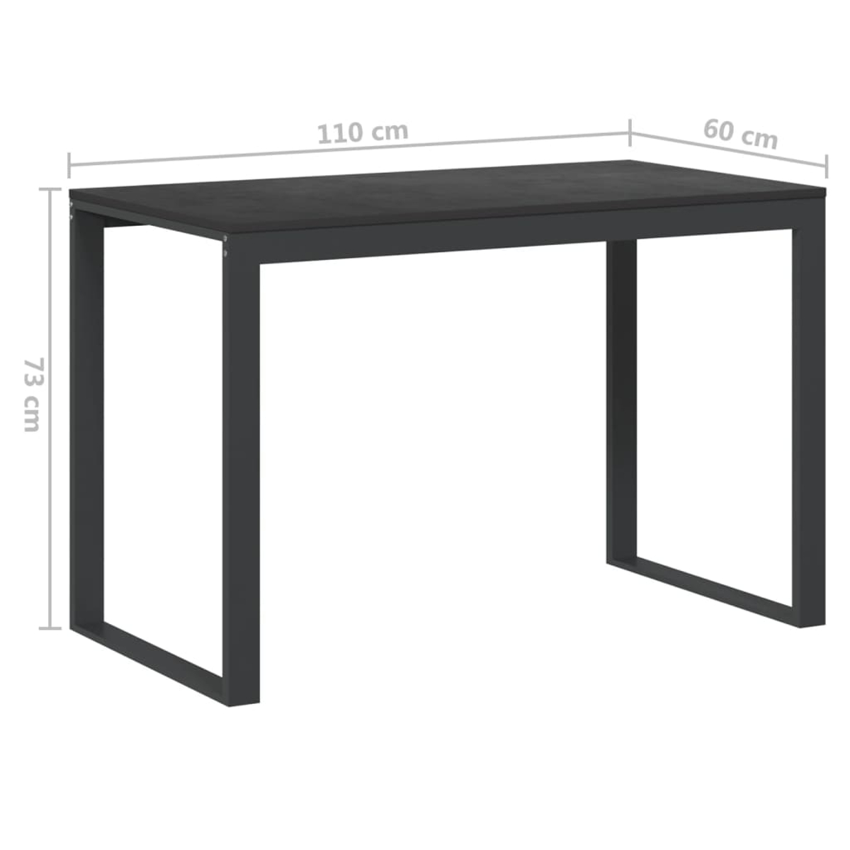 Ein schwarzer rechteckiger Tisch mit beschrifteten Maßen. Der Tisch ist 110 cm lang, 60 cm breit und 73 cm hoch.