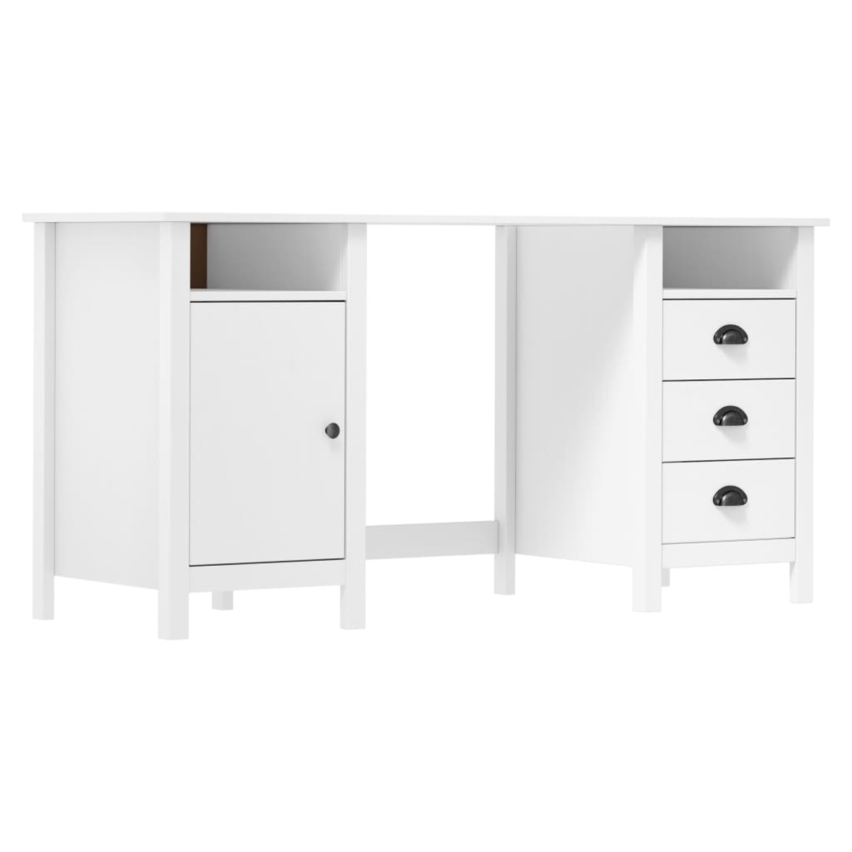 Ein weißer Schreibtisch mit Schrank und drei Schubladen. Der Schreibtisch hat ein schlichtes Design mit schwarzen Griffen.
