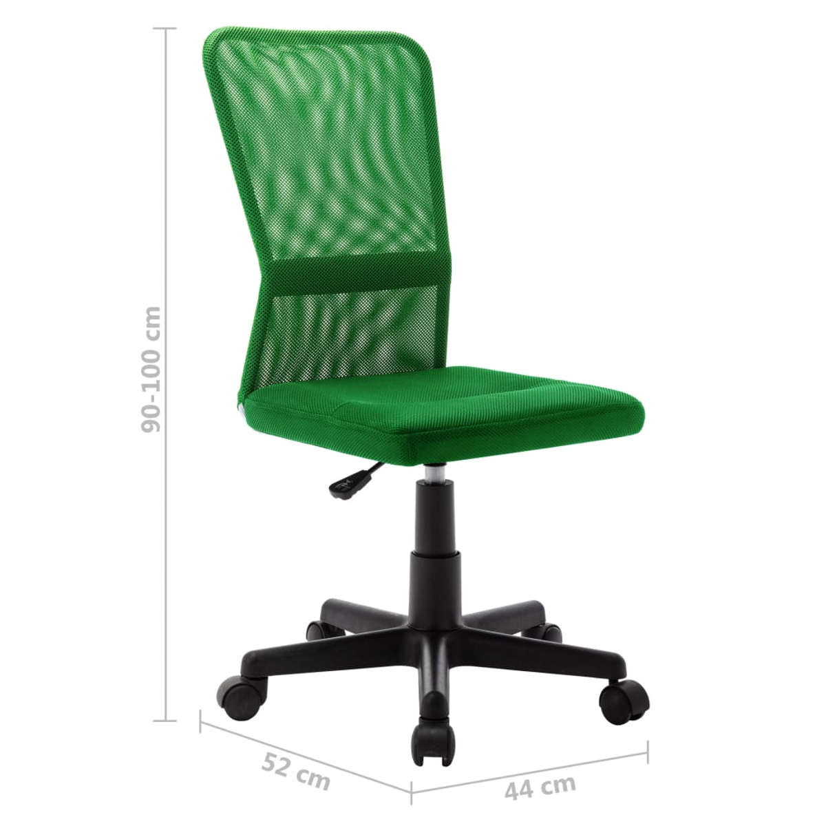 Ein grüner Bürostuhl mit Netzrücken und Sitzfläche. Er hat ein schwarzes Gestell mit Rollen. Abmessungen: 90-100 cm hoch, 52 cm breit, 44 cm tief.