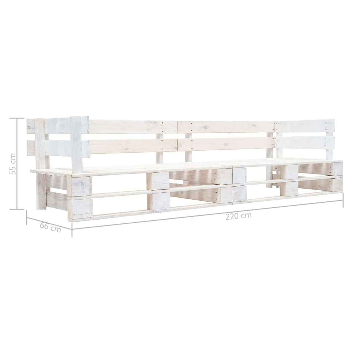 Eine weiße Holzpalettenbank wird gezeigt. Abmessungen: 220 cm lang, 55 cm hoch und 66 cm tief. Die Bank hat eine Rückenlehne.
