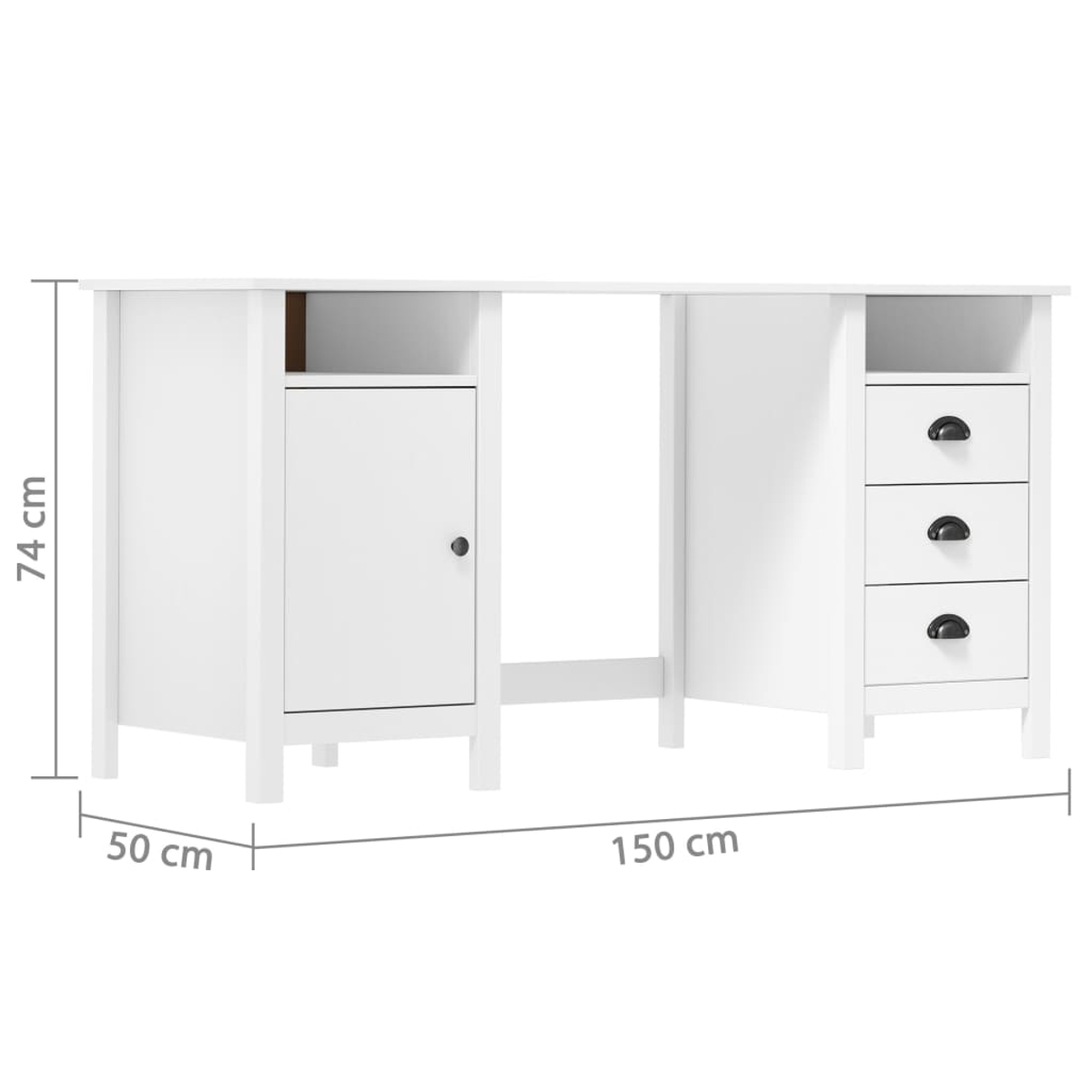 Weißer Schreibtisch mit Schrank, drei Schubladen und offenem Raum. Abmessungen: 150 cm lang, 74 cm hoch und 50 cm tief.