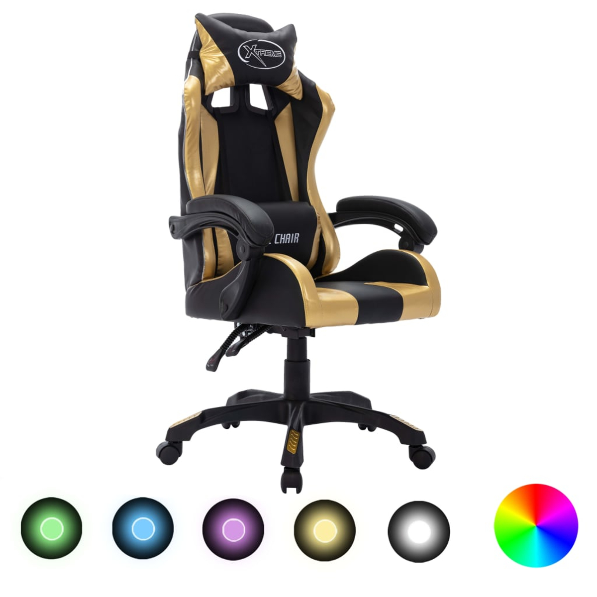 Ein schwarz-goldener Gaming-Stuhl mit Rollen. Er hat eine Kopfstütze mit dem Wort 'Xtreme'. Darunter befinden sich farbige Lichtoptionen.