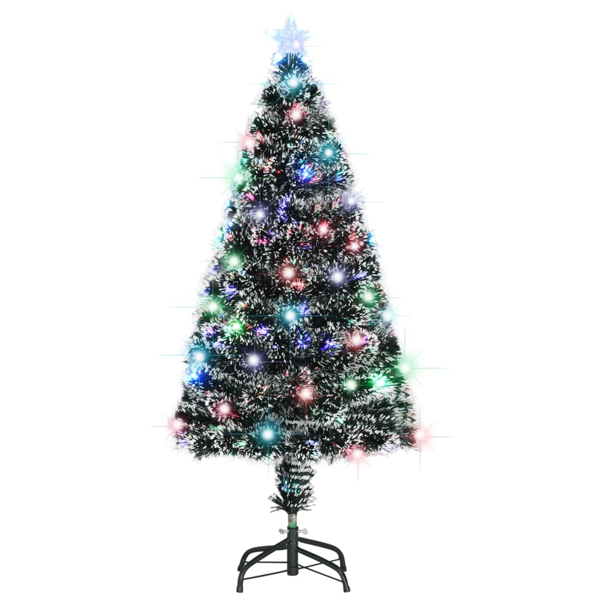 Ein Weihnachtsbaum mit bunten Lichtern. Er hat einen Stern oben und einen schwarzen Ständer. Der Baum ist von einem weißen Hintergrund umgeben.