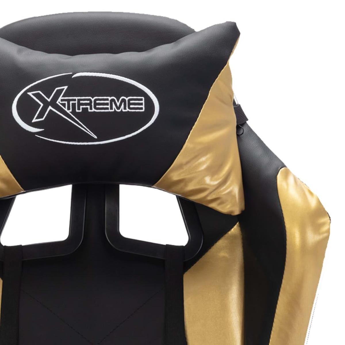 Nahaufnahme eines Gaming-Stuhls in Schwarz und Gold. Die Kopfstütze trägt das Wort 'Xtreme'.