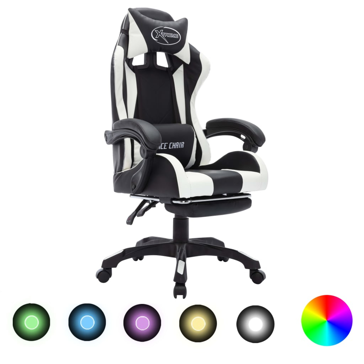 Ein schwarz-weißer Gaming-Stuhl mit Kopfstütze. Der Stuhl steht auf einem schwarzen Untergestell mit Rädern. Farboptionen sind unten dargestellt.