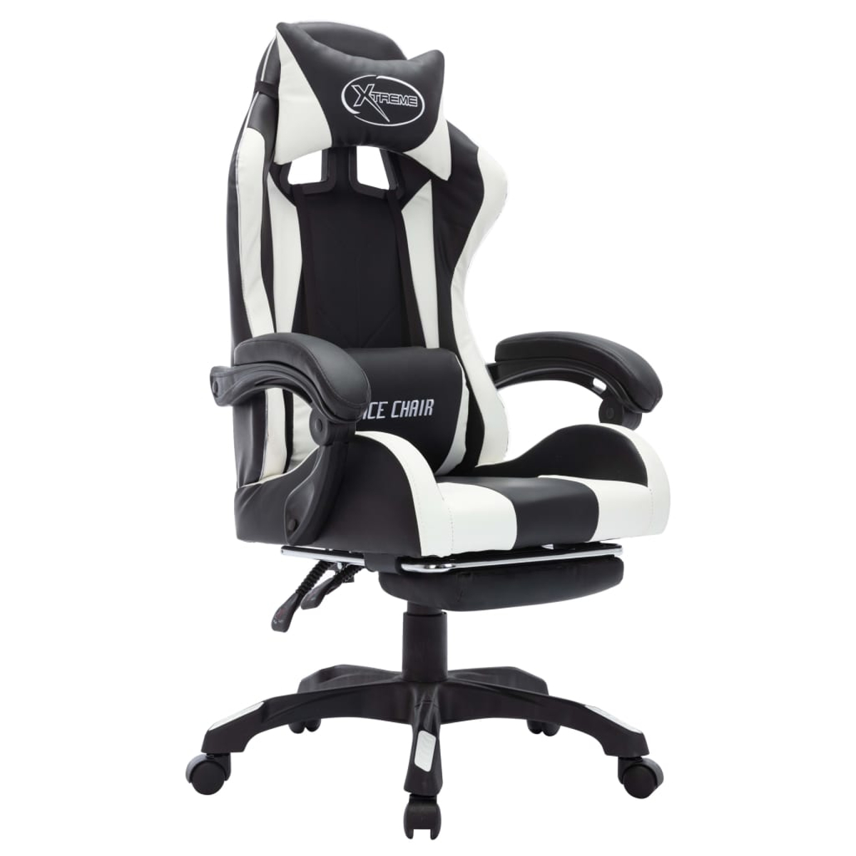 Schwarz-weißer Gaming-Stuhl mit Kopfstütze und Armlehnen. Mit 'Xtreme'-Logo und 'Race Chair'-Text. Inklusive Fußstütze und Rollen.