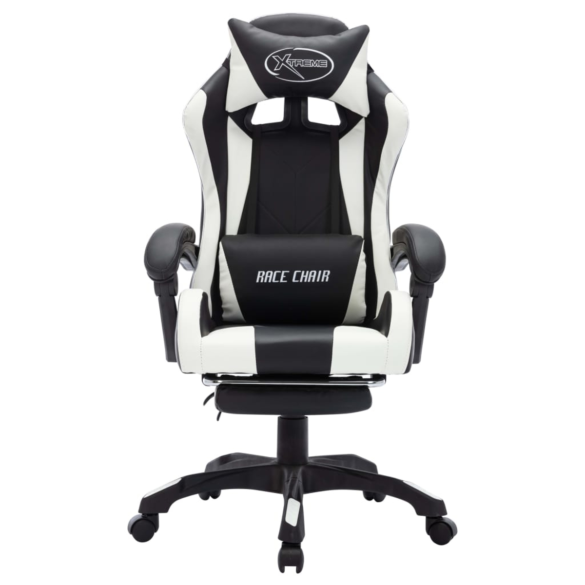 Schwarz-weißer Gaming-Stuhl. Er hat eine Kopfstütze mit dem Wort 'Xtreme' und ein Lendenkissen mit der Aufschrift 'Race Chair'.
