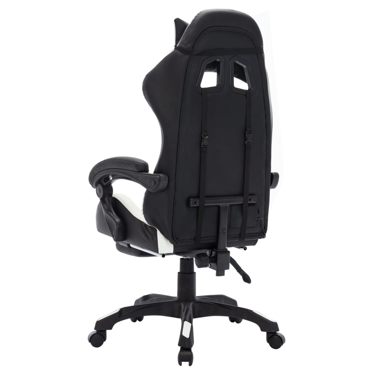 Schwarzer und weißer Gaming-Stuhl. Die Rückenlehne ist schwarz mit zwei Löchern und zwei Riemen. Das Gestell ist schwarz mit Rädern.
