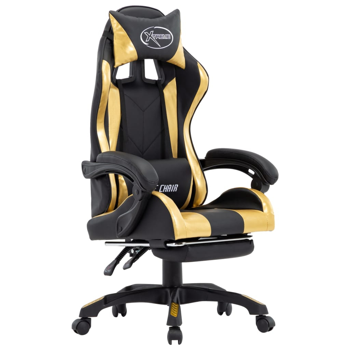 Ein schwarz-goldener Gaming-Stuhl. Er hat eine Kopfstütze mit dem Wort "XTREME". Der Stuhl hat Armlehnen und eine Fußstütze.