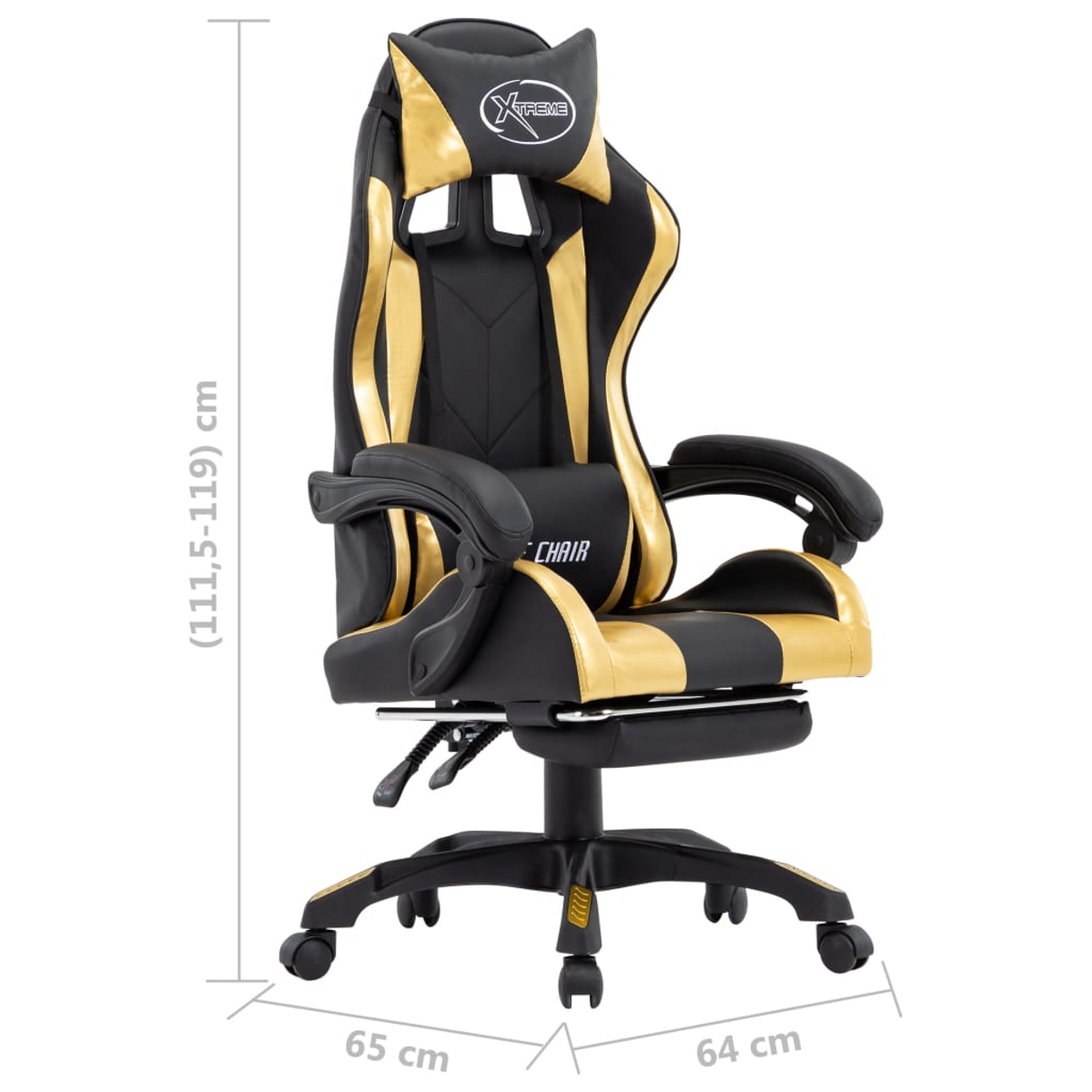 Schwarzer und goldener Gaming-Stuhl. Maße: 111,5-119 cm hoch, 65 cm breit und 64 cm tief. 'Xtreme' auf der Kopfstütze.