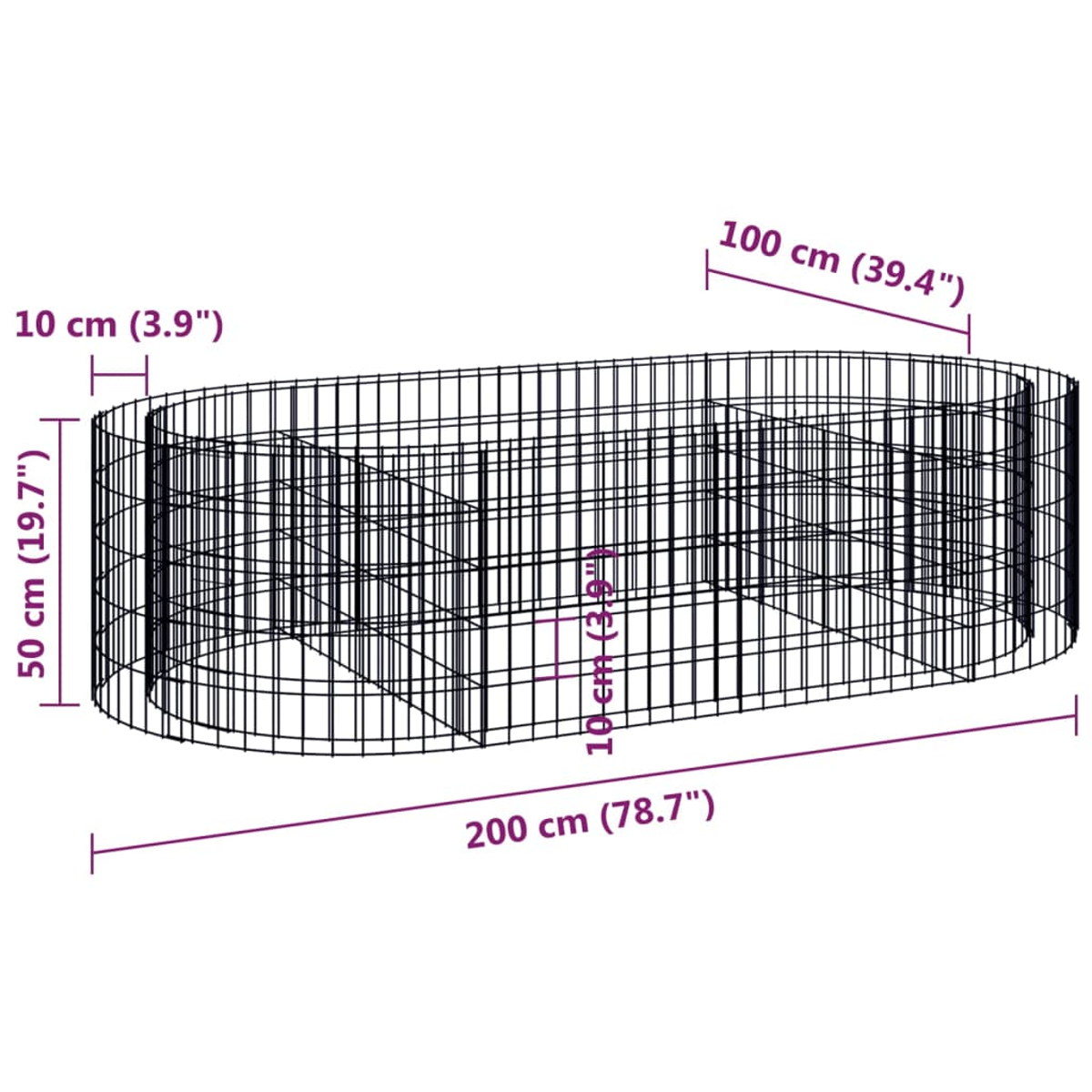 Ein ovaler, schwarzer Drahtkäfig für Haustiere mit Maßangaben in cm und Zoll. Die Maße sind 200x100x50 cm.
