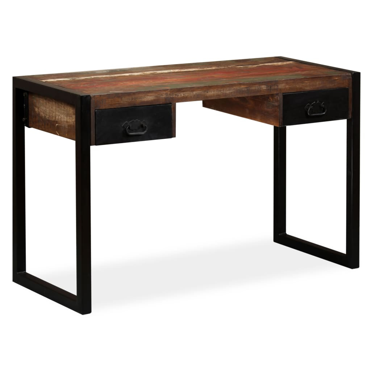 Holzschreibtisch mit Metallrahmen. Er hat zwei schwarze Schubladen und eine bunte Holzplatte. Der Hintergrund ist weiß.