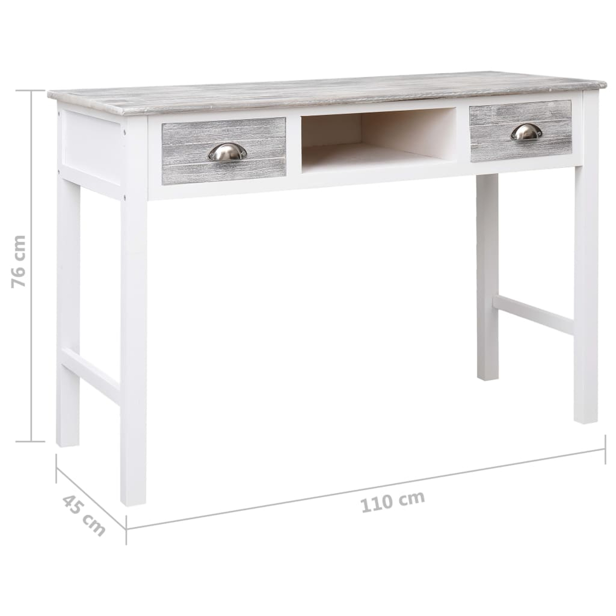 Ein weißer Schreibtisch mit zwei Schubladen und einem zentralen Regal. Er hat eine graue Holzplatte und Metallgriffe. Maße werden angezeigt.