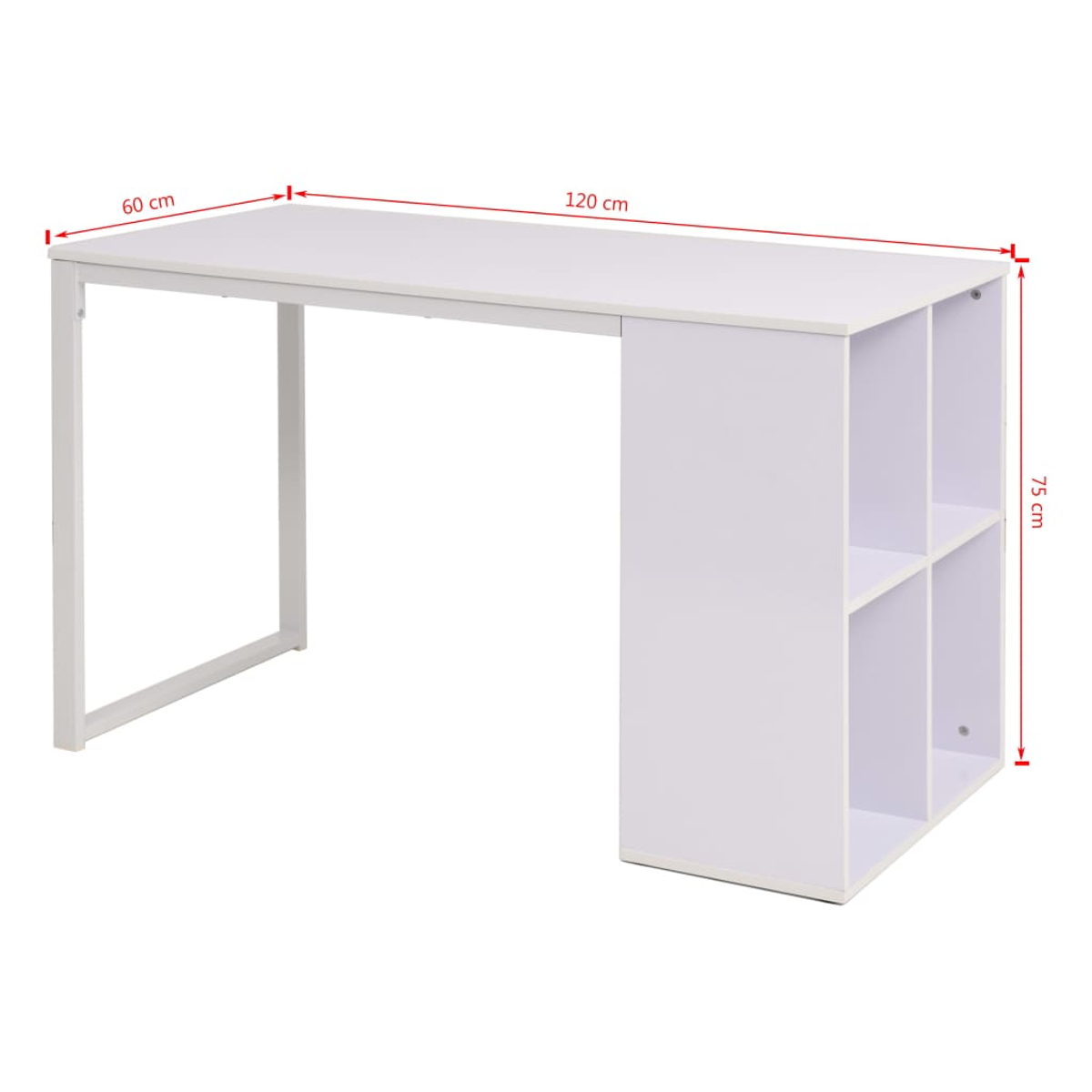 Ein weißer Schreibtisch mit den Maßen: 120 cm lang, 60 cm breit, 75 cm hoch. Er hat Regale auf einer Seite und ein Metallgestell.