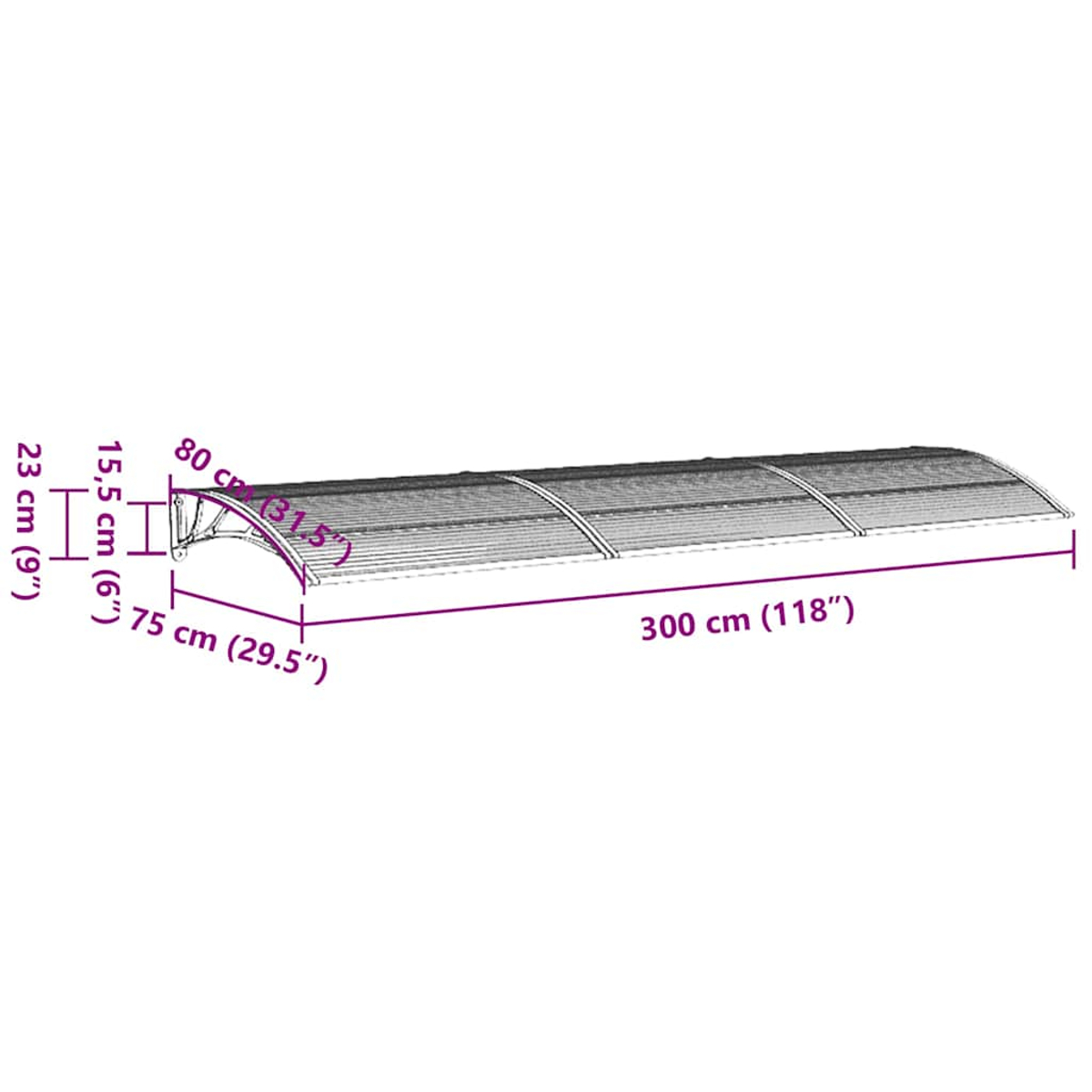 Ein Vordach mit beschrifteten Abmessungen. Es ist 300 cm lang und hat Stützstrukturen. Maße in cm und Zoll sind angegeben.