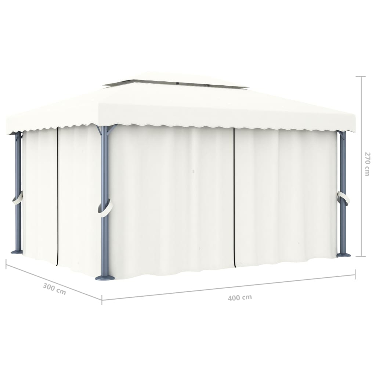 Ein weißer Pavillon mit beschrifteten Abmessungen. Er hat weiße Vorhänge und ein graues Metallgestell und bietet Schatten.