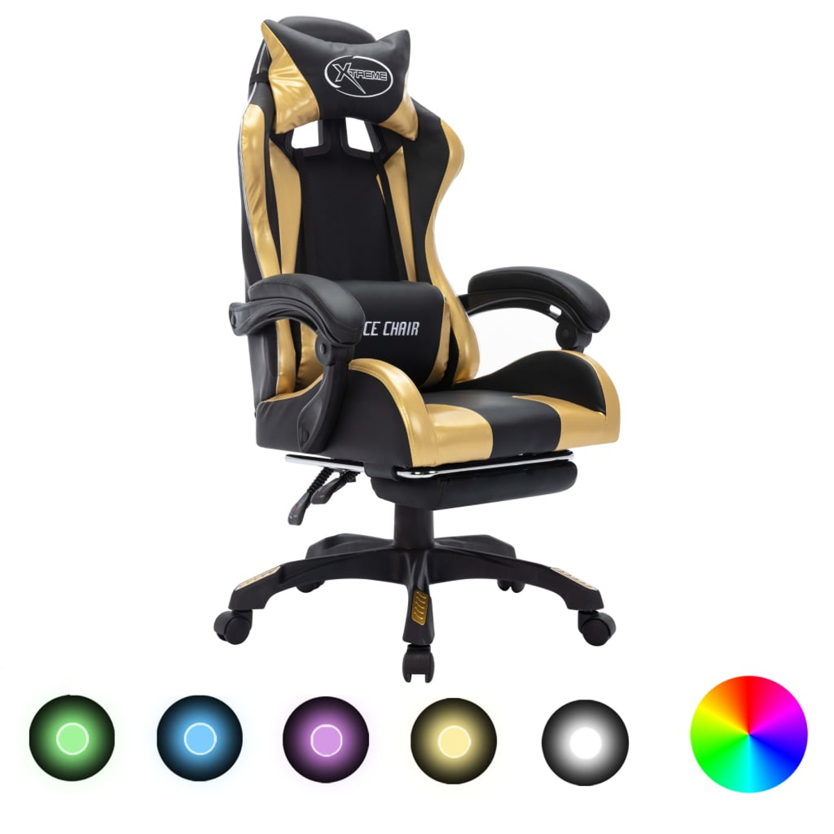 Ein schwarzer und goldener Gaming-Stuhl mit Kopfstütze und Lendenwirbelstütze. Er hat Armlehnen und eine Fußstütze. Darunter gibt es bunte Lichtoptionen.