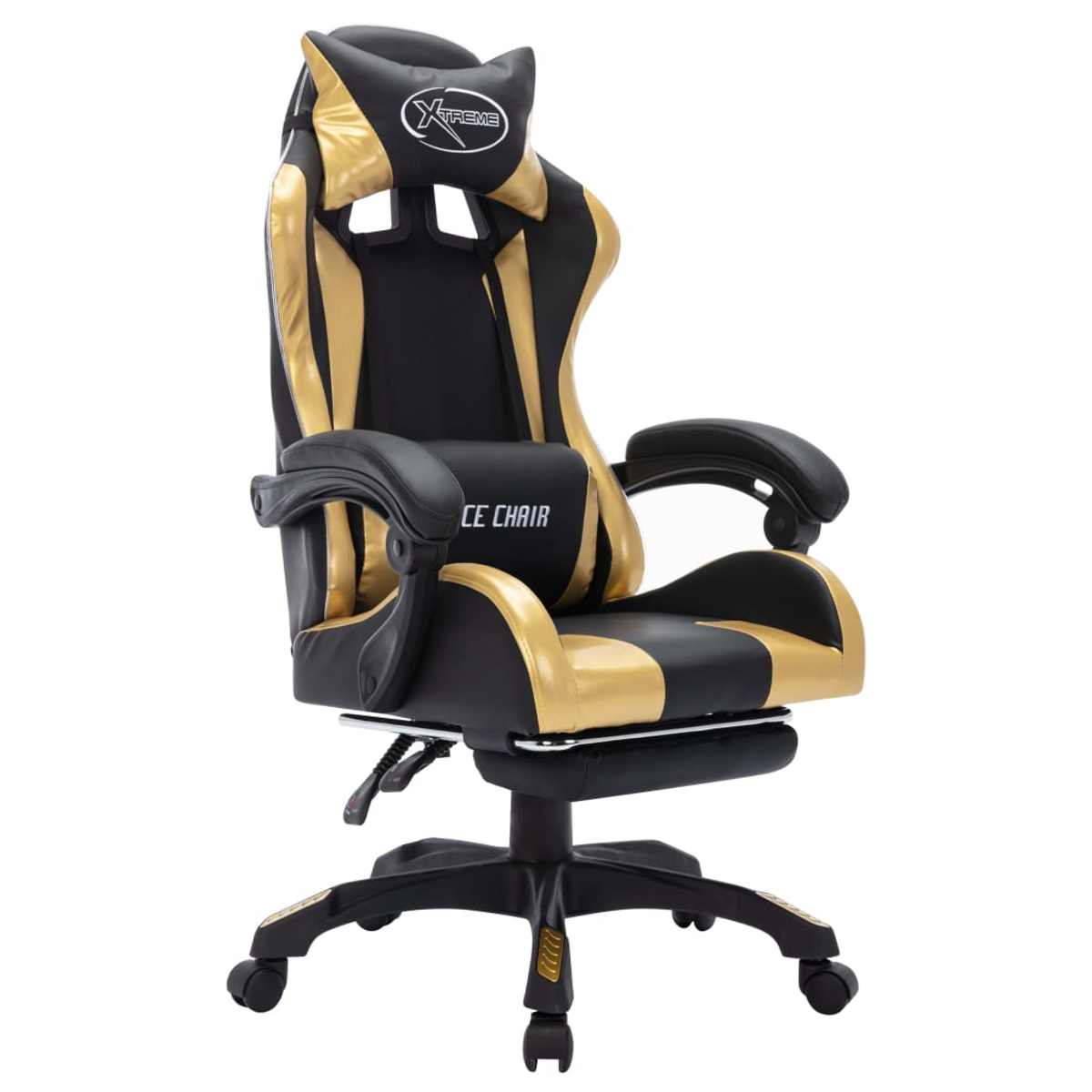 Ein schwarz-goldener Gaming-Stuhl. Er hat eine Kopfstütze mit dem Wort 'Xtreme'. Der Stuhl steht auf weißem Hintergrund.