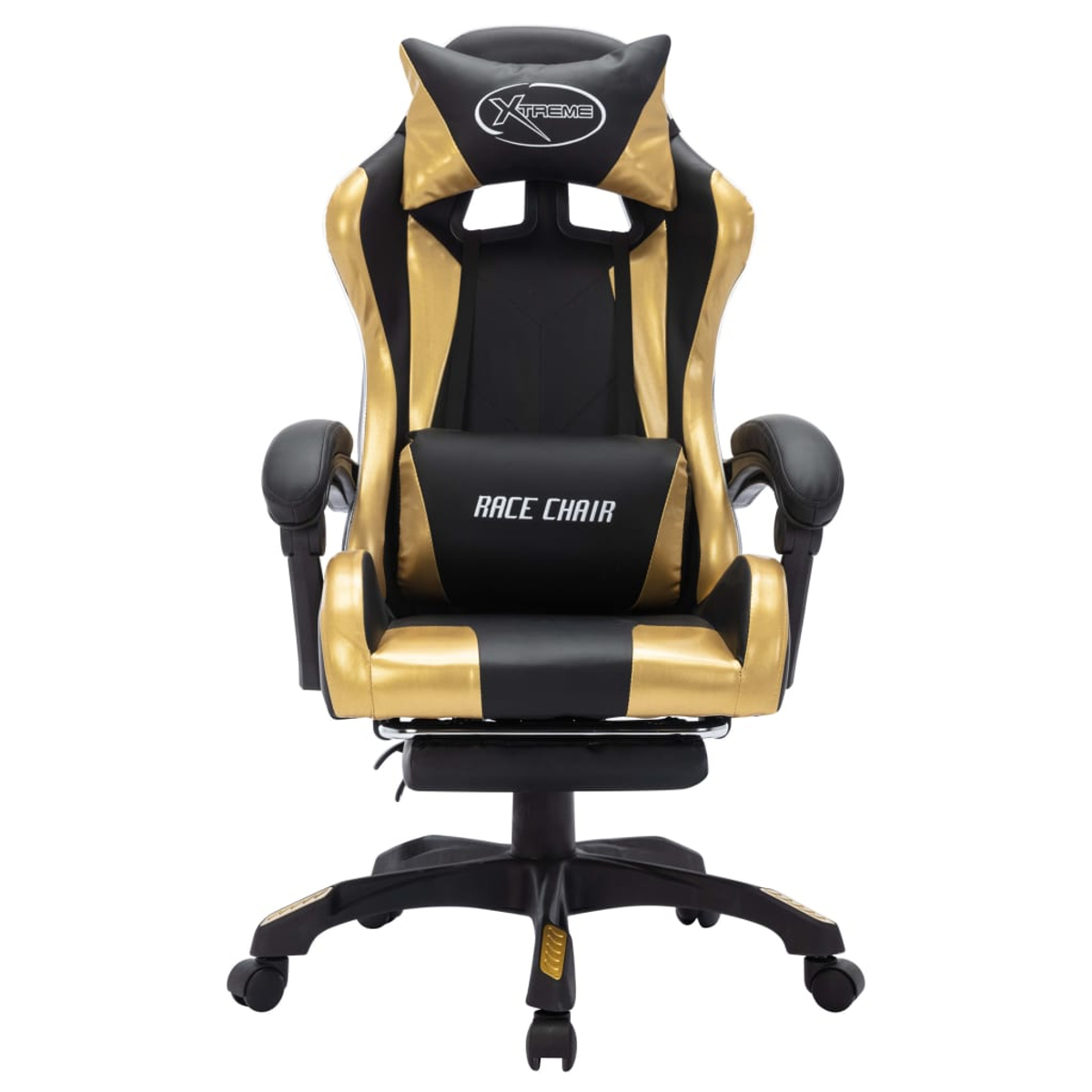 Gaming-Stuhl. Schwarz-goldenes Design. "XTREME"-Logo auf der Kopfstütze. "RACE CHAIR" auf der Lendenwirbelstütze. Schwarzes Gestell mit Rollen.