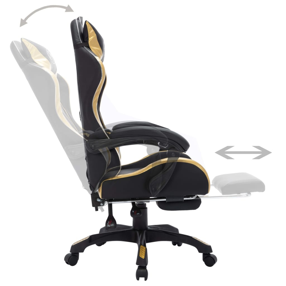 Ein schwarzer und goldener Gaming-Stuhl wird im Profil gezeigt, mit Pfeilen, die verstellbare Funktionen wie die Rückenlehne und die Fußstütze anzeigen.