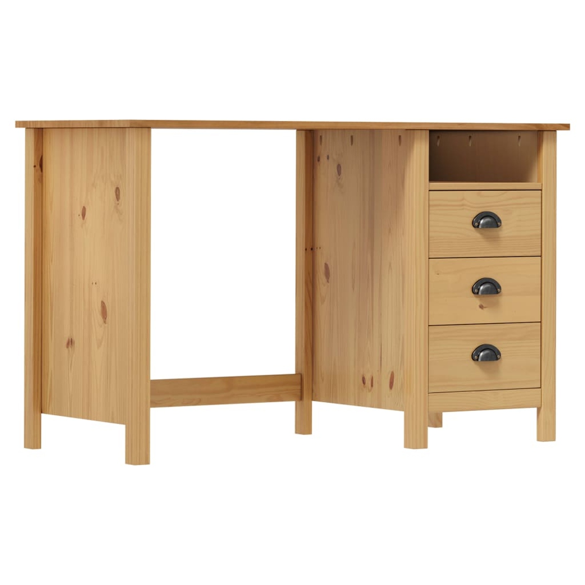Ein Holzschreibtisch mit drei Schubladen rechts, einem offenen Bereich in der Mitte und einer Massivplatte links. Hellbraune Farbe.