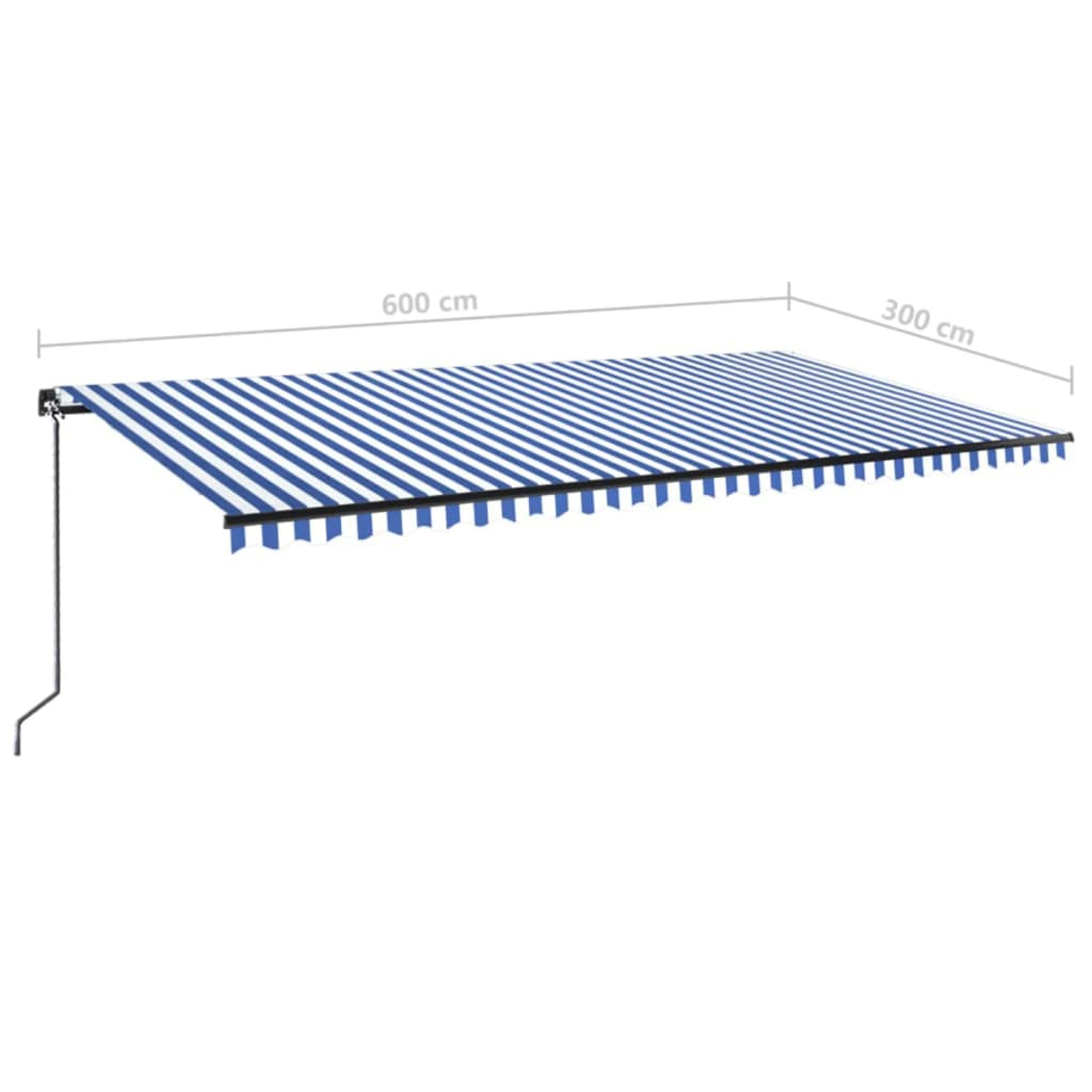 Eine blau-weiß gestreifte Markise, Abmessungen 600 cm x 300 cm. Ein schwarzer Halterahmen ist links sichtbar.