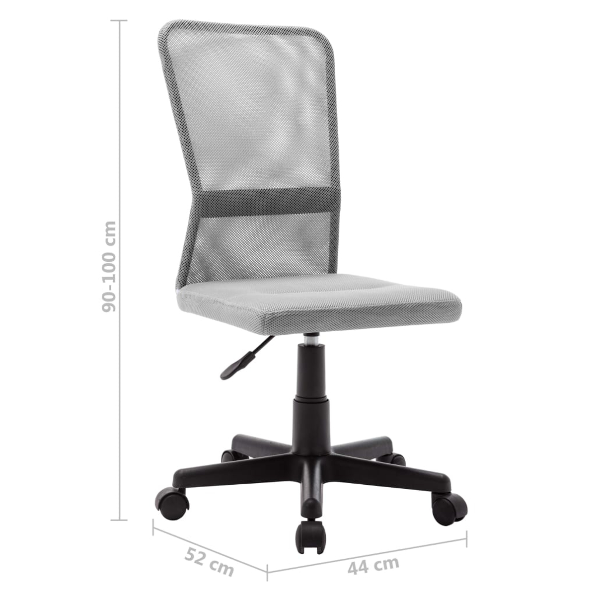 Grauer Bürostuhl mit Netzrücken, Höhe 90-100cm, Breite 52cm, Tiefe 44cm. Schwarzes Gestell und Rollen.