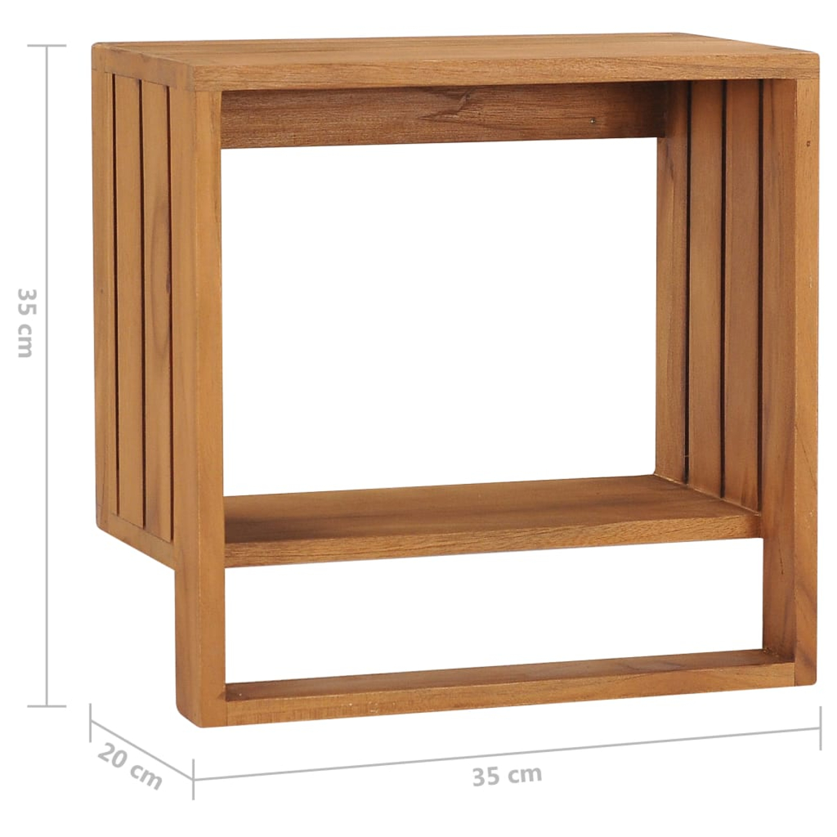 Ein quadratischer Beistelltisch aus Holz. Er hat zwei Regale mit offenen Seiten und ist 35 cm hoch, 35 cm breit und 20 cm tief.