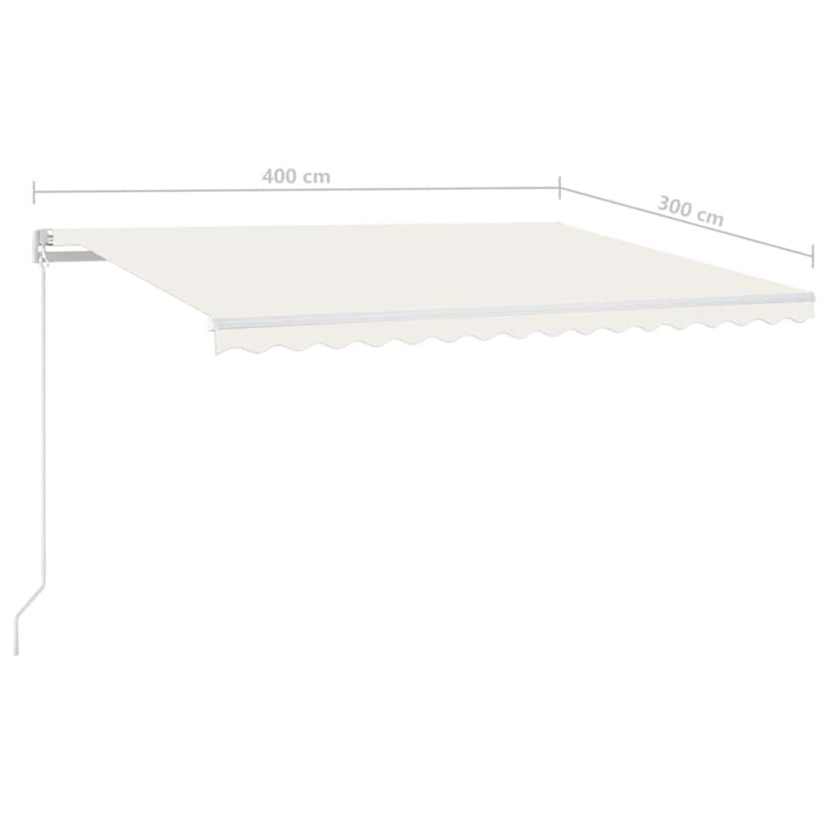 Eine cremefarbene Markise, 400 cm breit, 300 cm tief, an einem weißen Rahmen befestigt. Die gewellte Kante zeigt nach unten.
