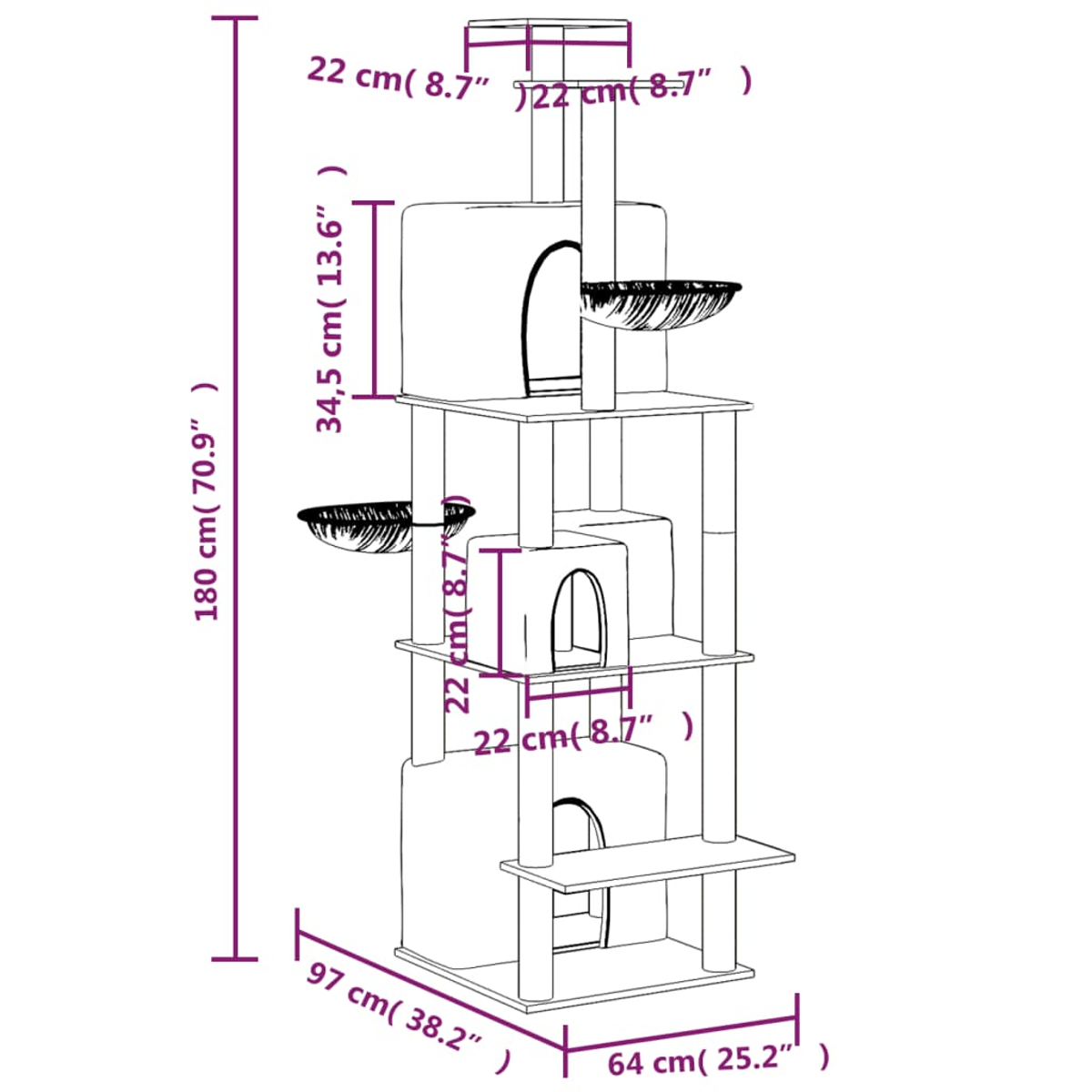 Ein Diagramm eines Katzenbaums mit Abmessungen. Es hat mehrere Ebenen, Plattformen und eine Hängematte. Maße in cm und Zoll sind beschriftet.