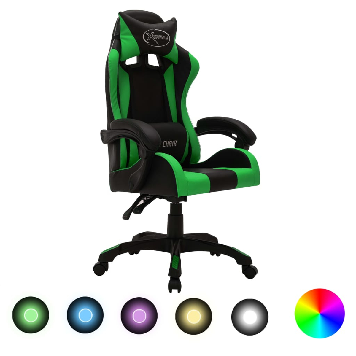 Ein schwarzer und grüner Gaming-Stuhl mit einem Logo. Unten befinden sich farbige Kreise und ein Farbrad.