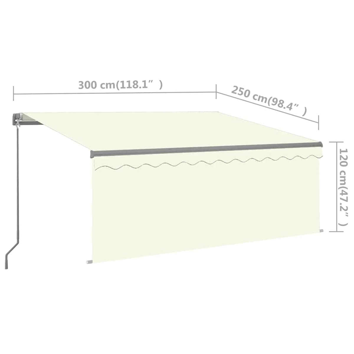 Eine beige Markise mit Maßangaben. Sie ist ausgefahren und zeigt den Stoff. Maße sind 300 cm, 250 cm und 120 cm.