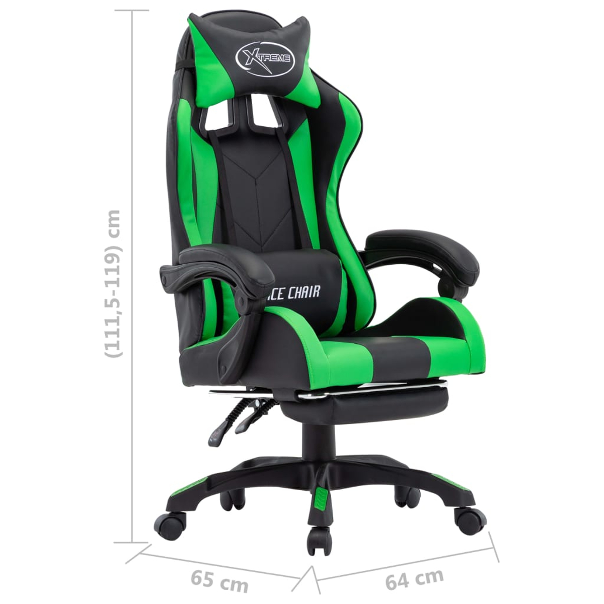 Ein Gaming-Stuhl mit grünem und schwarzem Farbschema. Er hat eine Kopfstütze, Armlehnen und eine Fußstütze. Maße sind mit Pfeilen angegeben.