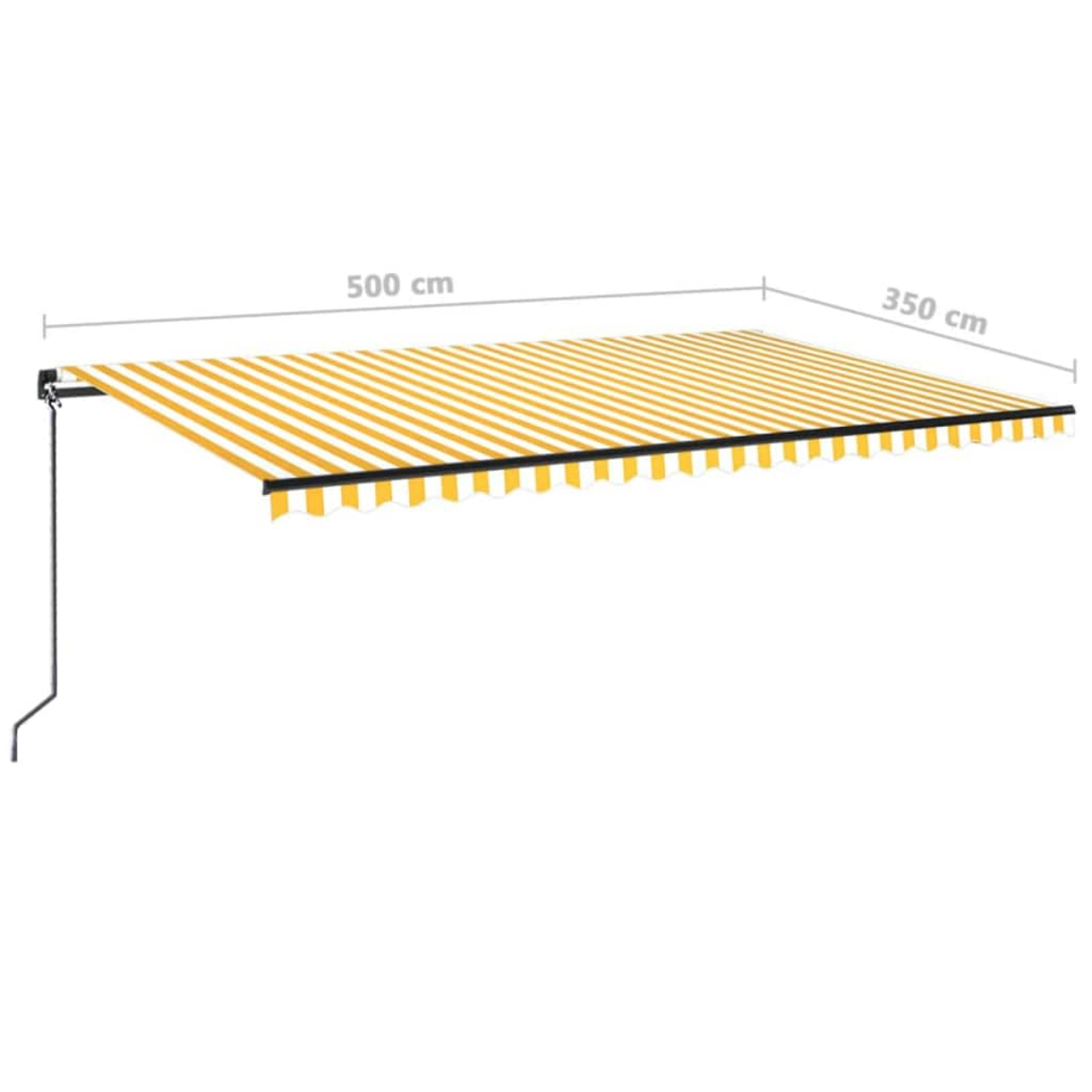 Gelb-weiß gestreifte, ausziehbare Markise. Schwarzer Rahmen und Stützbügel. Abmessungen sind 500 cm mal 350 cm.