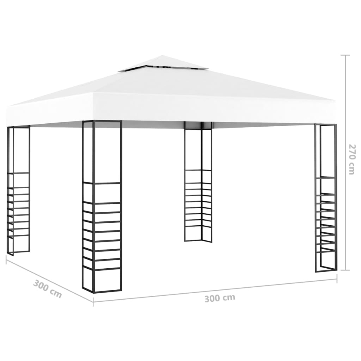 Weißer Pavillon mit schwarzem Metallrahmen. Abmessungen: 300x300x270cm. Die Oberseite hat eine Pyramidenform.