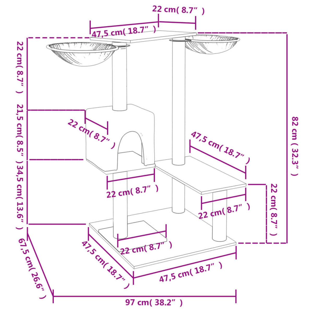 Diagramm eines Katzenbaums mit Abmessungen in cm und Zoll, mit Plattformen, einem Haus und zwei Schalen.