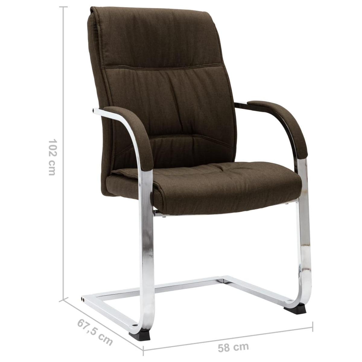 Ein brauner Bürostuhl mit Metallrahmen. Der Stuhl hat Armlehnen und misst 102 cm Höhe, 67,5 cm Breite und 58 cm Tiefe.