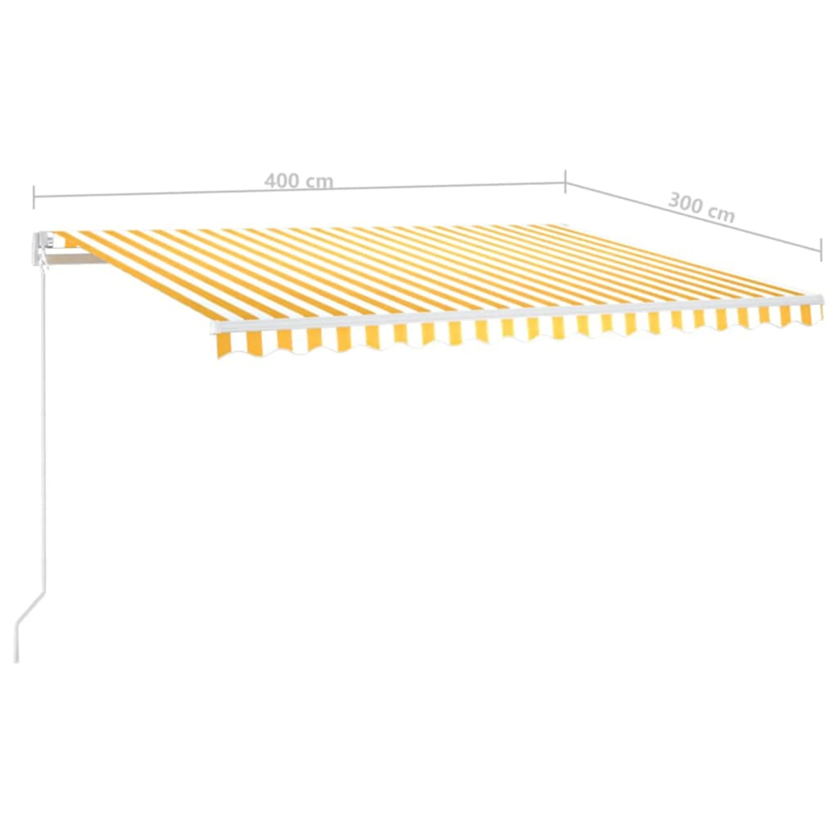 Eine Markise mit gelben und weißen Streifen ist ausgefahren. Sie ist an einer Wand montiert, mit den Maßen 400 cm und 300 cm.