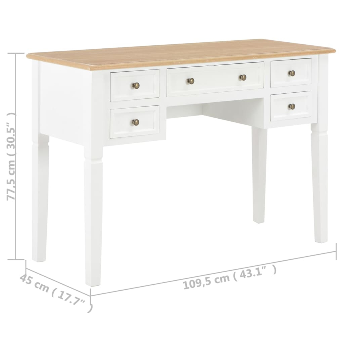 Ein weißer Schreibtisch mit heller Holzplatte. Er hat Schubladen und Beine. Die Maße sind beschriftet: 77,5 cm, 45 cm und 109,5 cm.